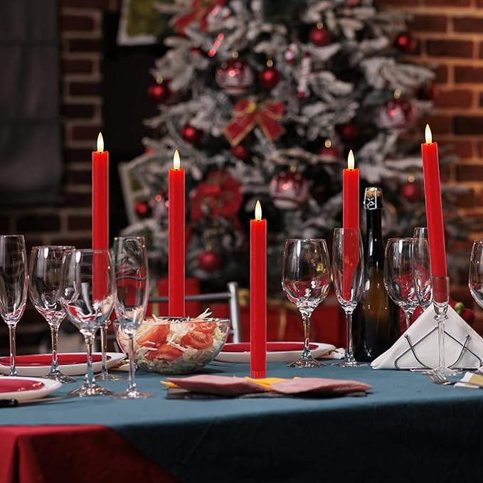 Red Flameless Taper Candles 9.6" Christmas LED Candles Real Wax with Remote Timer, Battery Operated LED Candles Set with 3D Flickering Flame, Classic Flickering Candlesticks for Home, Party, 6 Pack