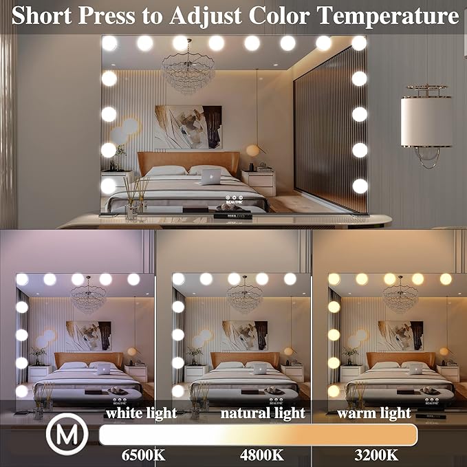 BEAUTME Large Vanity Mirror with Lights, 35.9''×24.3'' Hollywood Makeup Mirror with 16 Dimming LED Bulbs, 3 Lighting Modes, Touch Control, Tabletop or Wall Mounted, Black