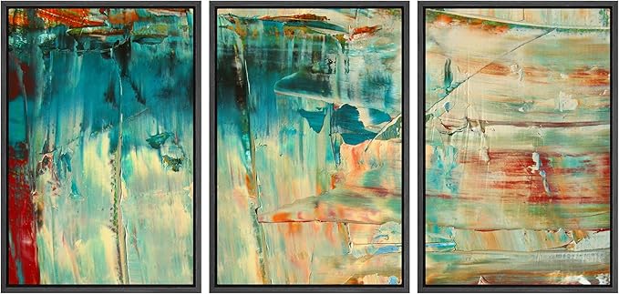 wall26 Framed Canvas Print Wall Art Set Thick Teal, Tan & Orange Paint Color Field Abstract Shapes Illustrations Modern Art Chic Colorful Ultra for Living Room, Bedroom, Office - 24"x36"x3 Black