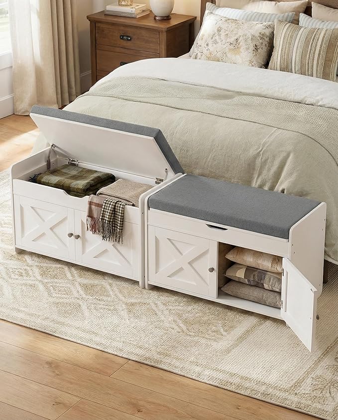 Amada Shoe Storage Bench with Cushioned Seat, 31.5" Small Entryway Bench with Lift Top Storage, Adjustable Shelves, 300 lb Capacity Shoe Bench for Entryway, Bedroom, Living Room, Classic White