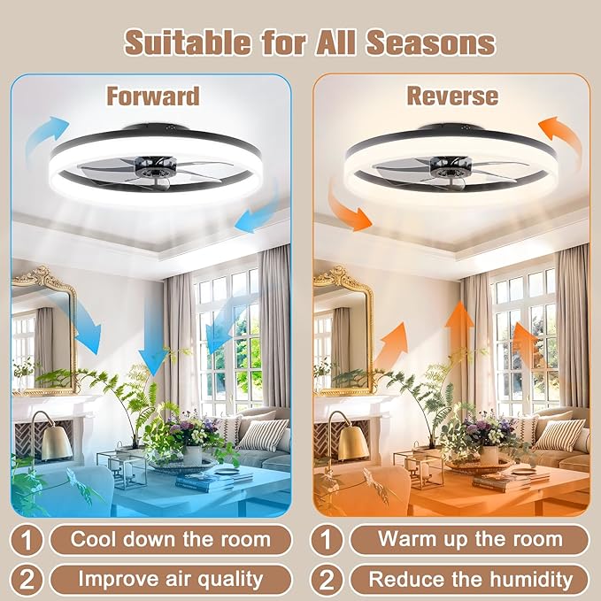 VOLISUN Low Profile Ceiling Fan with Light and Remote, 23.6in Flush Mount, Dimmable LED Fan Light, Bladeless for Bedroom (Black)