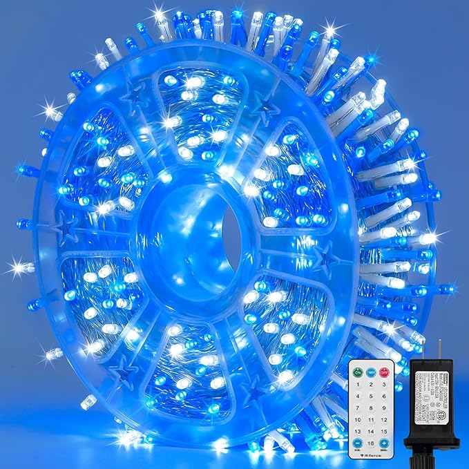 LAMPHOME 165FT 500 LED Blue White String Lights, 16 Modes Plug in Mini Fairy Lights, Waterproof Outdoor Christmas Lights for Hanukkah Xmas Tree Garland Bedroom Ocean Party July 4th Patriotic Decor