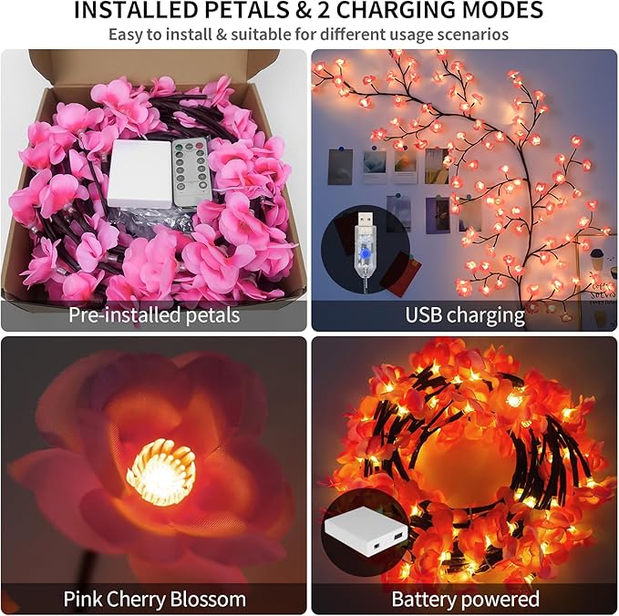 Cherry Enchanted Willow Vine Lights, 4FT 48LED Pink Cherry Blossom Tree Branch Lights for Wall, Remote Timer,8 Light Model,Bedroom Wall Doors Wedding, Christmas, USB Battery Box