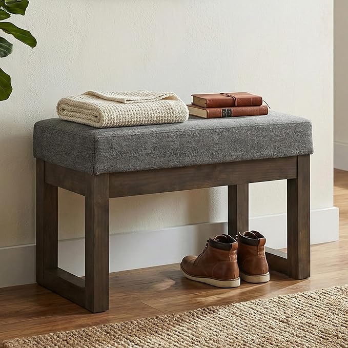 SIMPLIHOME Milltown Small Ottoman Bench - 26.8 inch Wide Upholstered Linen Look Fabric Rectangle Footstool Ottoman in Grey, Contemporary Bench for Bedroom or Entryway with Cushioned Seat, Assembled