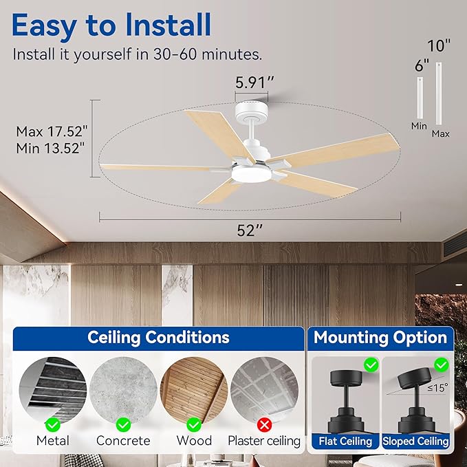 52Inch Smart Ceiling Fan with Lights Remote,APP&Alexa WIFI Controled,Quiet Reversible DC Motor,Dimmable LED,Indoor Outdoor Modern Ceiling Fan,for Living Room Bedroom Patio Porch,White&Light Wood