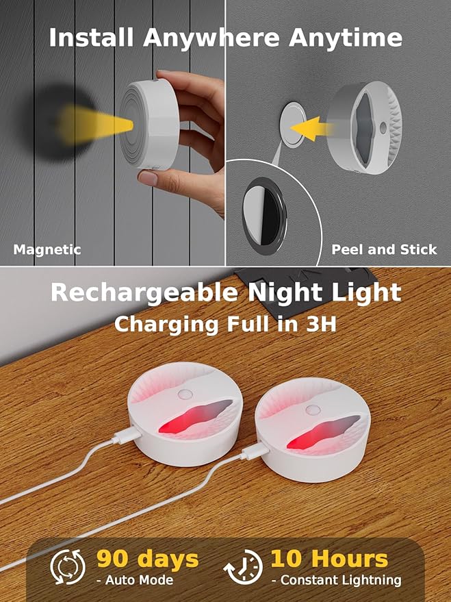 Smiling Shark BR168 Linkage Motion Sensor Night Light LED Smart Linked PIR & Light Sensing, Rechargeable Magnetic Stick-On Connected Smart Warm Night Step Lights for Bedroom Hallway Stairs, 2 Pack