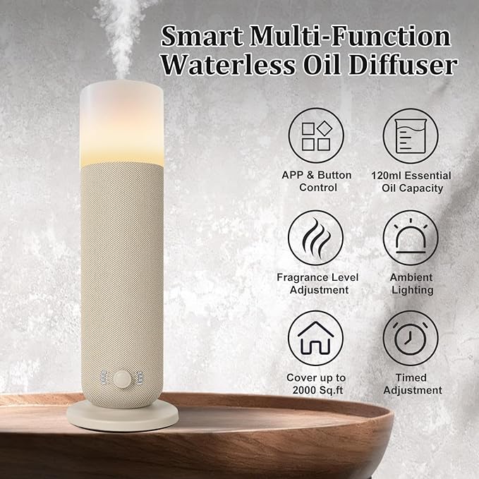 Smart Waterless Essential Oil Diffuser,Scent Diffuser for Home,Hotel Collection Diffuser APP Control,Ambient Lighting,Covers Up to 2000 Sq.Ft Aromatherapy Diffuser for Bedroom Spa Yoga Office Beige