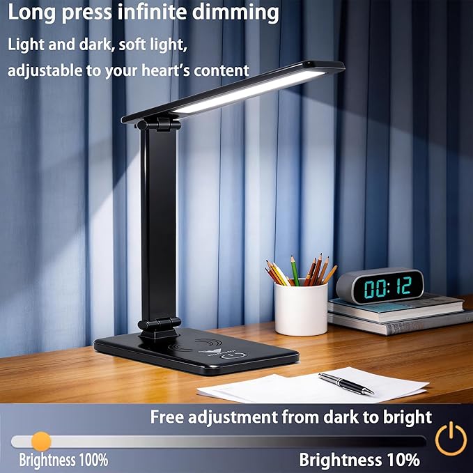 LED Desk Lamp, Reading Light for Home Office, Small Study Table Lamp, 5000K, Black, Lithium Battery 2000MAH,Work Desk Light，Emergency Lighting, Touch Lights，Stepless dimming，