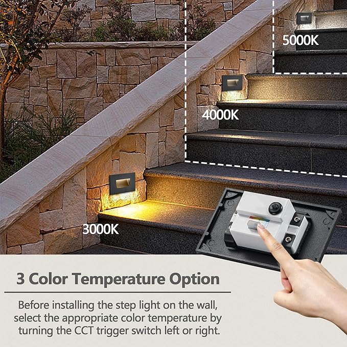 FTL 12-Pack Step Lights Outdoor Stair Light 12V LED, 3000K/4000K/5000K 3 Color Changing Stair Lights Indoor 3.5W 150LM Waterproof Indoor Deck Step Light, Low Voltage Black Staircase Lighting Aluminum