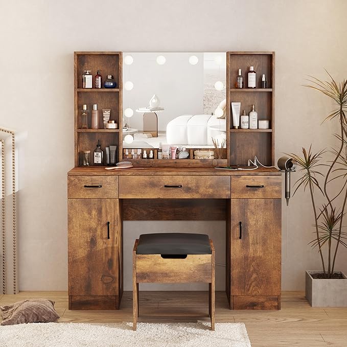 Makeup Vanity Table with Lighted Mirror & Power Outlets, Large Vanity Set Vanity Desk with Storage Stool, 3 Lighting Modes, Brightness Adjustable, 45inch, Rustic Brown