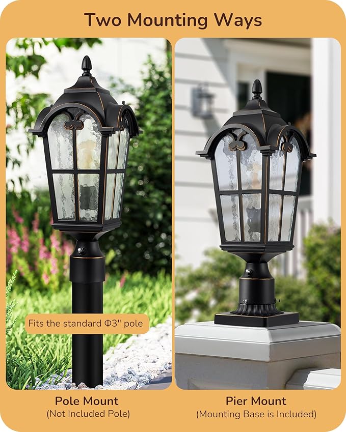 EDISHINE Large Size Dusk to Dawn Outdoor Post Light, 21.9'' H 120V Pole Light Fixture with Pier Mount Base, Waterproof Exterior Lamp Post Lantern Head for Yard, Driveway, Fence, Black