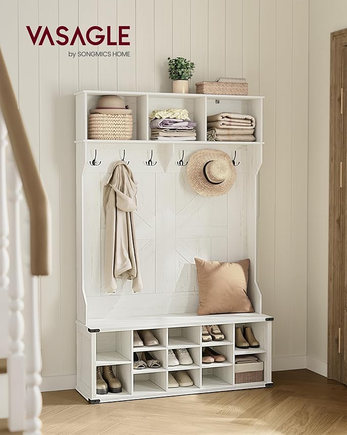 VASAGLE Hall Tree with Bench and Shoe Storage, Coat Rack with Shoe Bench, Entryway Furniture, 16 Open Compartments, 6 Tri-Hooks, Farmhouse Style, Space Saving, Rustic White UHSR427W02