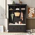 RUNNA Delicate 3-in-1 Hall Tree with 2 Cabinet and 2 Drawers,3 Open Shelves and 3 Hooks,Coat Hanger and Storage Bench,for Livingroom Hallway Entryway Use (Black#H-)