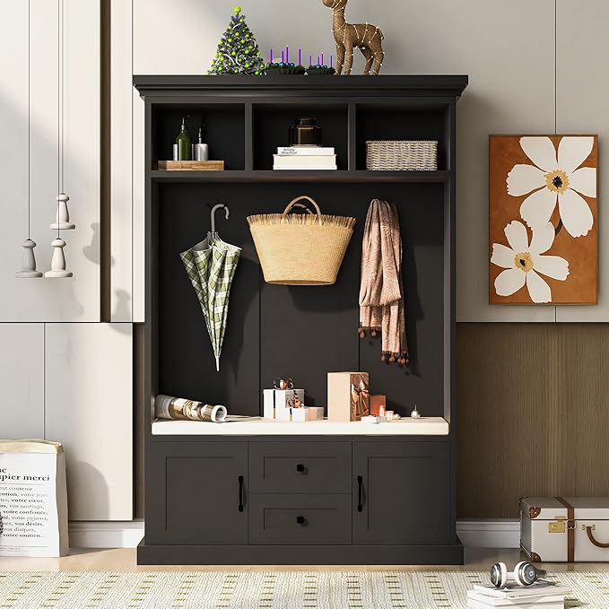 RUNNA Wooden 3-in-1 Hall Tree with 2 Cabinet and 2 Drawers,3 Open Shelves and 3 Hooks,Coat Hanger and Storage Bench,for Livingroom Hallway Entryway Use (Black@Hanger)