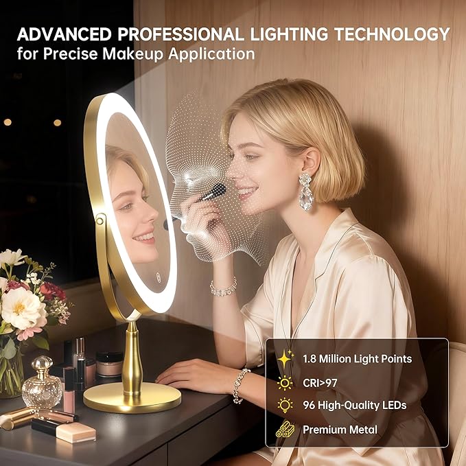 Professional 8" Large Lighted Makeup Mirror with Brighter Lights, 1X/10X True HD Magnifying Mirror with 3 Color Dimmable Lights, 92 Shadowless LEDs, 360°Swivel Seamless Vanity Mirror, Gold