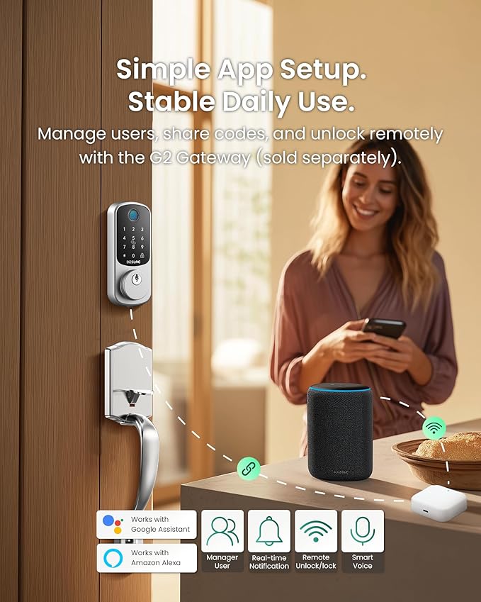 DESLOC B200 Fingerprint Front Door Lock Set with Durable Handleset, Keyless Entry Deadbolt, Electronic Keypad, App Control, Easy Installation, Designed for a Modern and Stylish DESLOC Home, Silver