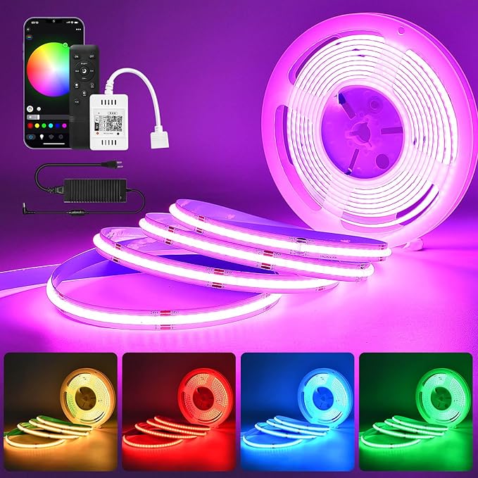 Sumaote RGB COB LED Strip Light 32.8ft, 5760 LEDs,10mm Width 24V Smart Flexible Tape Light APP&Remote Control, Color Changing LED Strip Lights for Room, TV Backlight