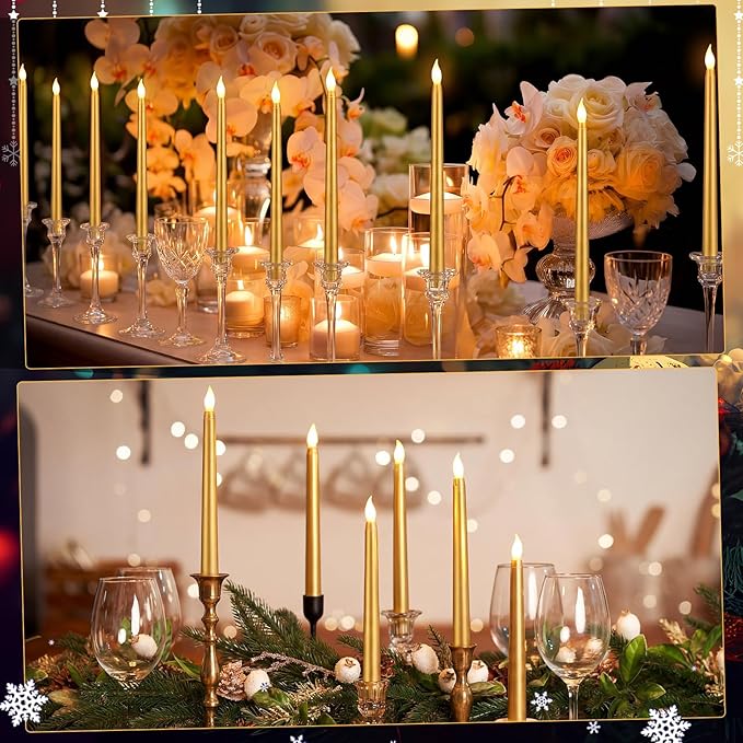 Baquler 120 Pcs Flameless Taper Candles with Remote and Timer 11" Battery Operated Candlesticks LED Flickering Faux Candles Warm Light for Wedding Holiday Party Home Decor (Gold)
