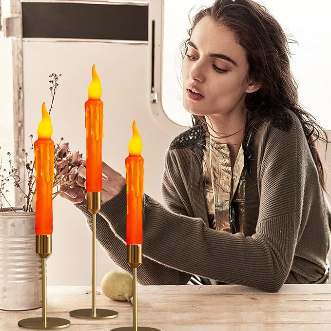 4pcs Orange Real Wax LED Tapered Candles, Battery Operated, Remote Controlled, 6inches, Perfect for Weddings, Decorations, Emergency Use