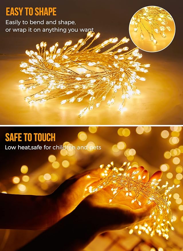 2 Pack 10 Ft Battery Operated Fairy Lights, 120LEDs Firecracker String Lights, Silver Wire Starry Firefly Light for Bedroom Home Wedding DIY Wreath Indoor Outdoor Christmas Decorations, Warm White