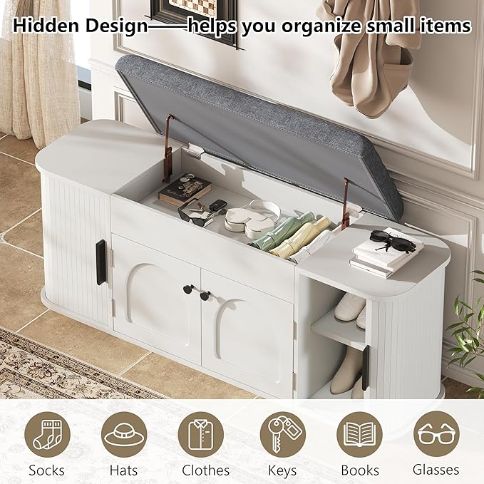 47.2'' Entryway Shoe Storage Bench with Seat Cushion & Sliding Door, Shoe Rack with Lift-Top Hidden Storage & Adjustable Shelf, Bench for Bedroom End of Bed, White