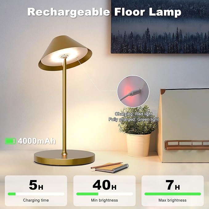 Rechargeable Floor Lamp for Indoor/Outdoor, Cordless Tall Standing Lamp with 3 Color Temps & Dimmable, IP43 Waterproof, Adjustable Height 16-59 Inch, LED Floor Lamp for Living Room, Patio(Gold)