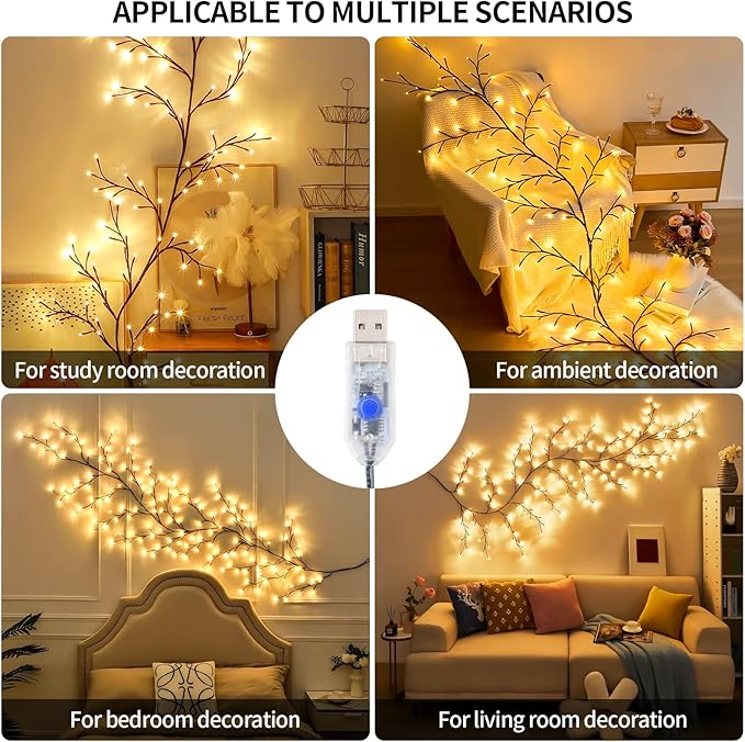 Enchanted Willow Vine Lights 7.55FT 144LED 1 PCS Brown Tree Branch Lights for Wall, Remote Timer,8 Light Model,Bedroom Wall Doors Wedding, Christmas, USB Battery Box