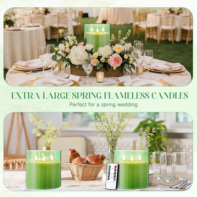 Retisee 6'' x 6'' Extra Large Flameless Candles, 3 Wick Glass Large Candles with Remote Control and Timer Function, Real Wax LED Pillar Flickering for St. Patrick's Spring Party Decor(Green,1 Pcs)