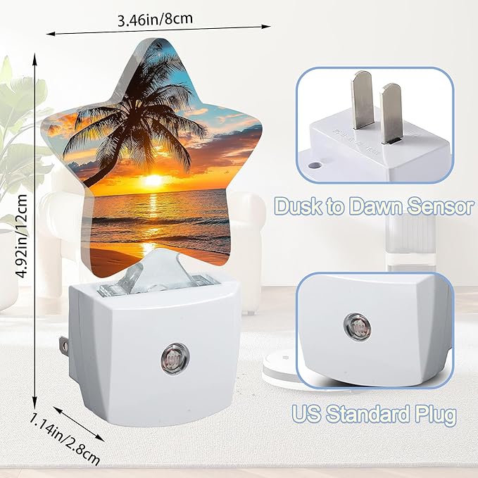 Tropical Palm Trees Nightlight,Sunset Beach Star Night Lights Plug into Wall Decorations for Bedroom Bathroom,Dusk to Dawn Sensor Kitchen Hallway Stairs Energy Efficient Desk Lamp