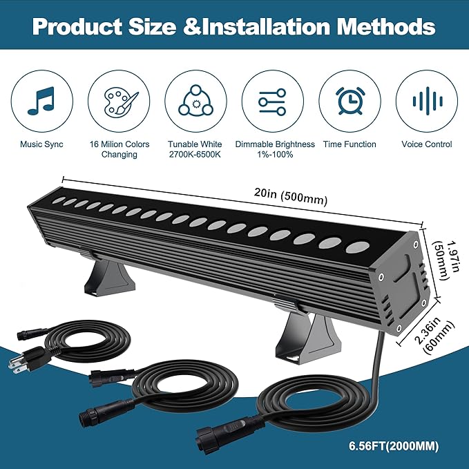Smart Wall Washer Light Bar 20in RGBCW – Linkable Waterproof LED Light for Indoors/Outdoors with App/Voice Control, 16M Colors, Dimmable, Music Sync, 50 Scene Modes, Timer, AC120V