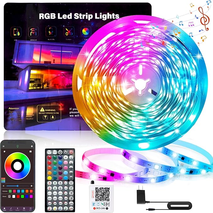 Led Lights for Bedroom 60FT RGB Led Strip Lights Music Sync Color Changing, Dimmable Led Light Strip with Remote App Control, Super Bright Led Tape Light Room Home Gaming Accessories