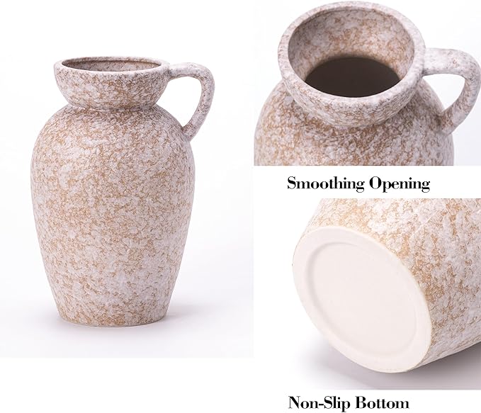 Stone Vase Home Table Decor, Beige Ceramic Stone Modern Rustic Farmhouse Vase Set of 3 Centerpiece for Shelf Bedroom Bathroom Desk