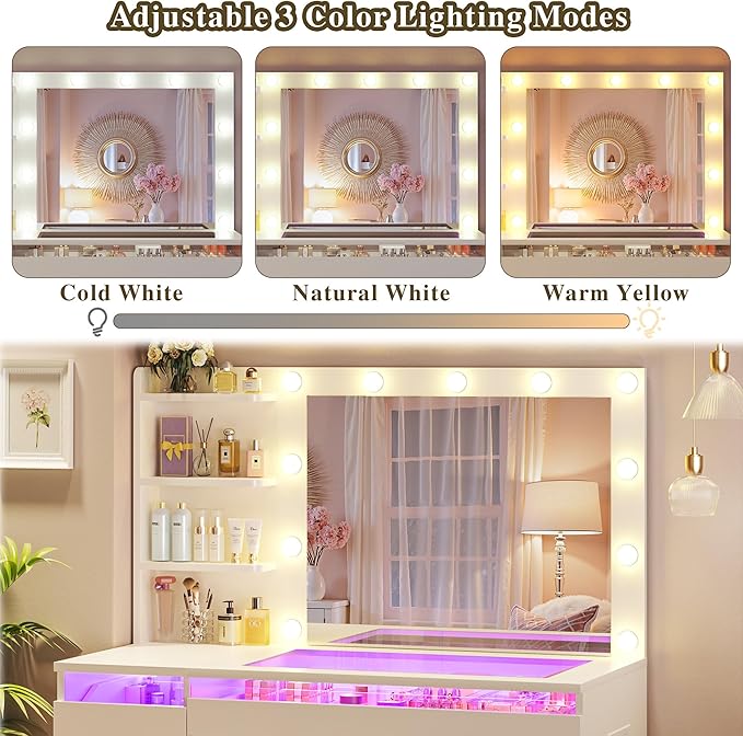 Vanity Desk with Lighted Mirror & Transparent Top, Makeup Vanity Desk with 4 Transparent Drawers and RGB Lighting, Built-in Power Outlet, 3-Tier Side Shelves & Storage Organizer for Bedroom