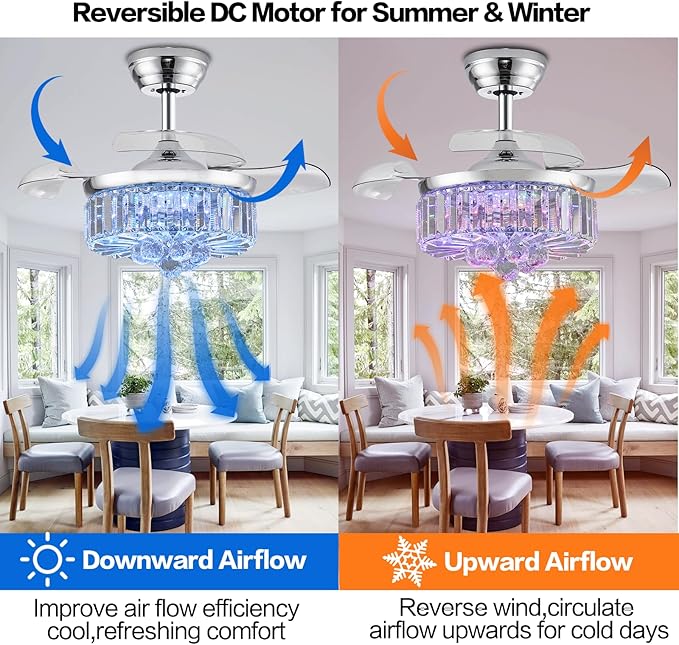 30" Retractable Crystal Ceiling Fan with Light, RGB Modern Fandelier 6 Speeds Reversible Blades Dimmable Chandelier Ceiling Fan with Remote App Control Memory Timer Silver