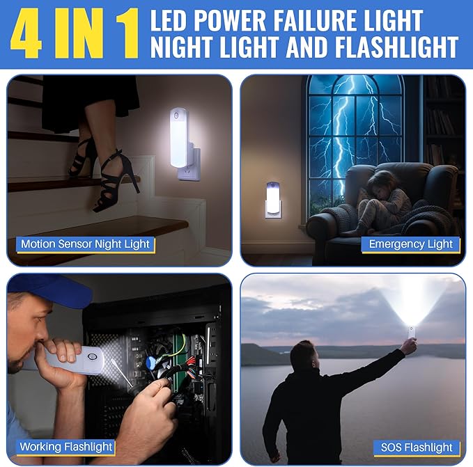 2 Pack LED Power Failure Light, 4 in 1 Rechargeable Plug in Flashlights with Motion Detection, LED Emergency Lights for Home Power Failure Black Outs Hurricane Supplies