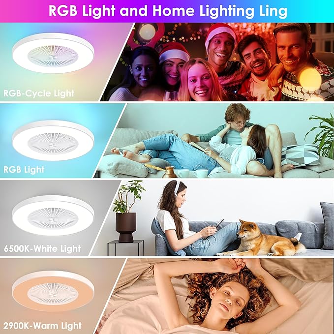 24" Smart Bladeless Ceiling Fan with RGB Ambient Light, Low Profile Flush Mount Fan with APP/Remote/Alexa Control, Dimmable LED Color Changing Light, 6-Speed Quiet Motor, White