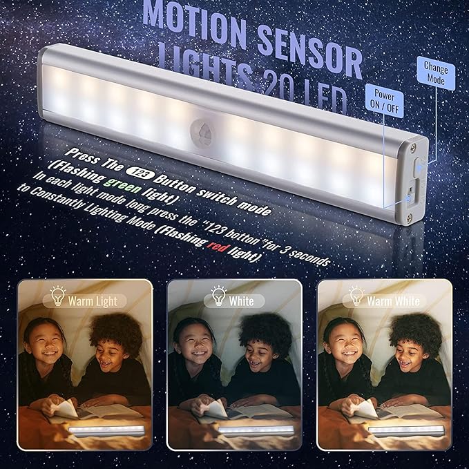 Homelife LED Motion Sensor Bars Lights - 20LEDS Wireless Under Cabinet Lighting, LED Closet Lights, Build in Rechargeable Battery, Stick-on Magnetic Motion Sensor Light Indoor for Kitchen, Stairway