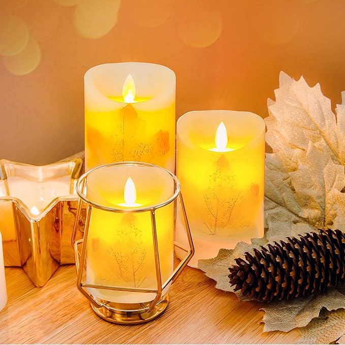 Maple Leaf Flameless Candles Flickering Battery Operated Decorative Candles Set Pack of 3(D: 3" x H: 4" 5" 6") LED Candles with Remote Control Timer (Maple Leaf Candles)