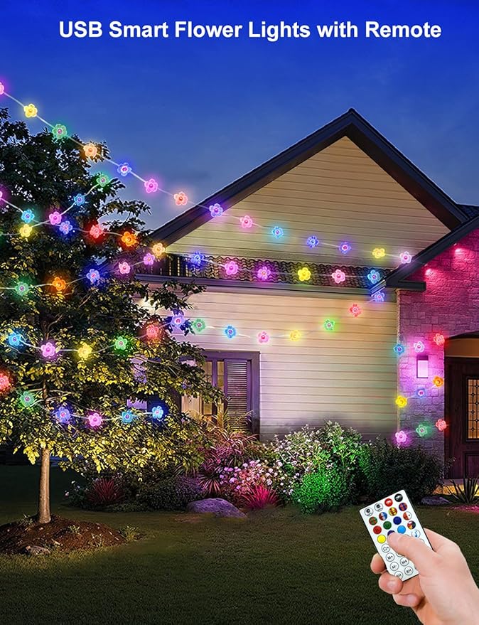 echosari Cherry Blossom Flower String Lights, 33ft 16 Million Color Chaning Fairy Lights Plug in APP & Remote Control DIY Music Sync Flower Light for Bedroom Dorm Wedding Decor