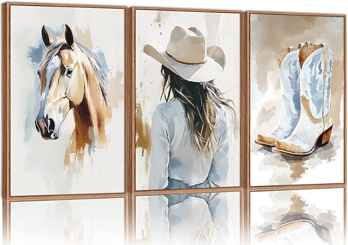 YeeHomedec Large Western Cowgirl Posters Framed Canvas Wall Art Set, Blue and White Horse Wall Decor, Glam Rodeo Boots Art Print, Vintage Country Hat Artwork for Living Room Bedroom Dorm 24"x36"x3