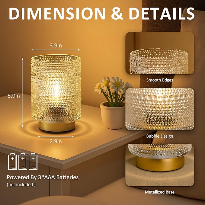 Small Battery operated Lamp with Timer for Bedside/Coffee Table/Book shelf Decor,Cordless Aesthetic Lamps with Warm Moody Lighting for Home Decor/Dorm/Entryway/Cubicle/Bathroom/ Patio Decor(Clear)