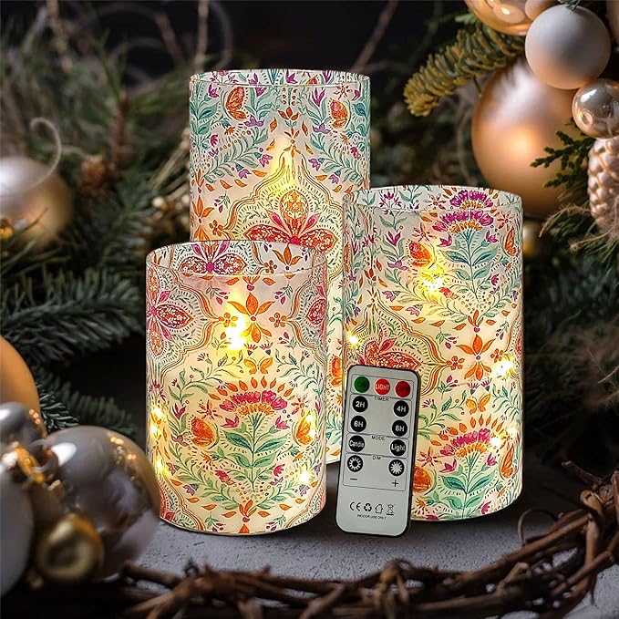 Printed Flameless Candles with String Lights - Set of 3 Colorful Battery Operated Candle Flickering Floral LED Pillar Candles with Timer Remote for Home Decor Romantic Ambiance,BFLY