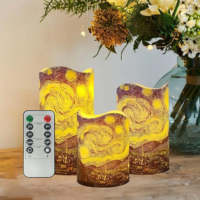 Remote Flameless Candles 4" 5" 6" - Set of 3 Van Gogh Starry Night Design LED Pillar Candles Battery Operated with Timer for Home Decor Indoor Outdoor,PLT3P-StaNit