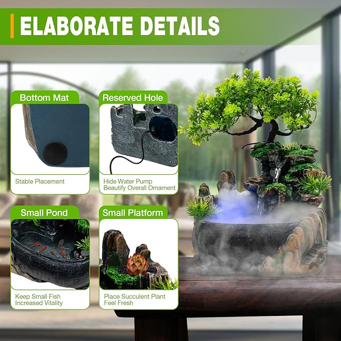 Tabletop Rockery Water Fountain Indoor Relaxation Waterfall Bonsai Desktop Ornament with LED Light, Zen Meditation Home Office Bedroom Atomizing Humidifier Desk Decoration