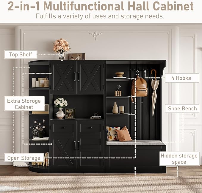 Multifunctional Hall Tree with 4 Hooks, Wood Hall Tree with Open Shelving and Flip Hidden Shelf, Left-Right Combination Coat Rack (can be Used Separately), Entryway Bench (Black/45c)