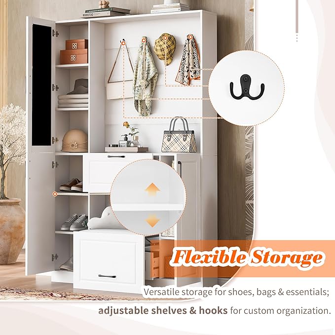 Merax Hall Tree with Foldable Bench and Shoe Storage, Entryway Coat Rack with Mirrored Cabinet Door, Hooks, Drawer, and Cabinets, Modern Hall Trees for Hallway, Living Room,White