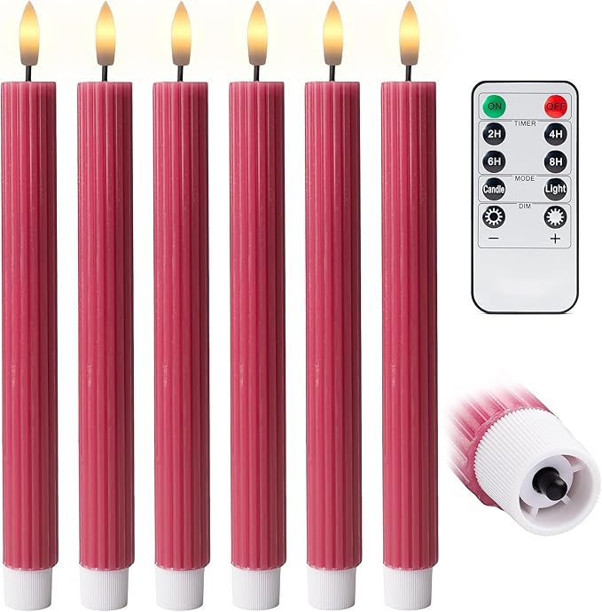 6 Pack, 10" LED Flameless Pink Ribbed Taper Candles w/Remote Controller, On/Off Button, Dimmable, Flicker/Static Mode, Battery Operated, Holiday Christmas Menorah Home Wedding Decor