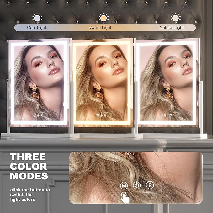 Hasipu Large LED Vanity Mirror 17"x22" - Makeup Mirror with 10X Magnification, Smart Touch 3-Color Lighting & Dimmable Control