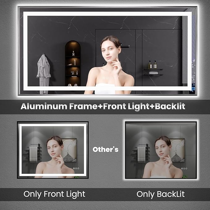 Amorho LED Bathroom Mirror, 48"X36" Brushed Nickel Framed Mirror with Front Light and Backlit, Stepless Dimmable, Anti-Fog, Shatter-Proof, Memory, 3 Colors