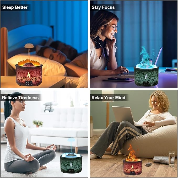 Volcano Humidifier Quiet Flame Diffuser: 300ml Spray Humidifier with 2 Modes Fire Mist Waterless Auto Shut Off Aromatherapy Diffuser with Remote Control for Bedroom Home, Office(Red & Blue)
